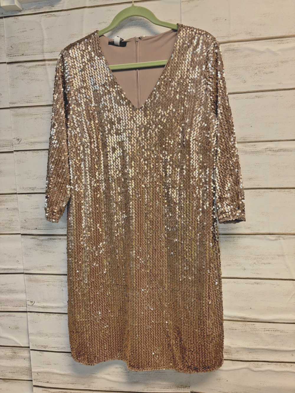 NEW Alfani Womens Allover Sequined Dress Lined Beige Size 12 3/4 Sleeve Back Zip